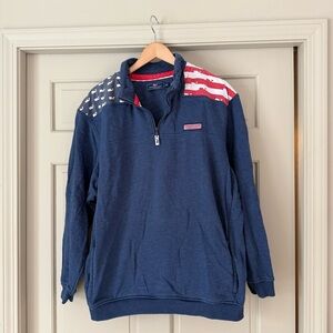 Vineyard Vines Shep Shirt 1/4 Zip Fleece XL Navy American Flag Whale